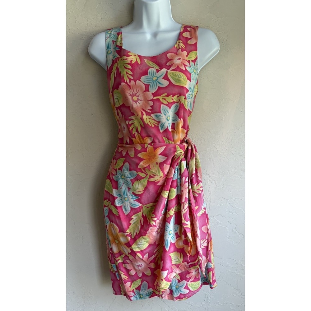 Vintage 90s Y2K Robbie Bee 100% Silk Wrap Floral Dress 6 Resort Tie Tropical